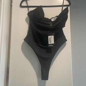 Black Corset Strapless Bodysuit and Black Tailored Feather Trim Trouser